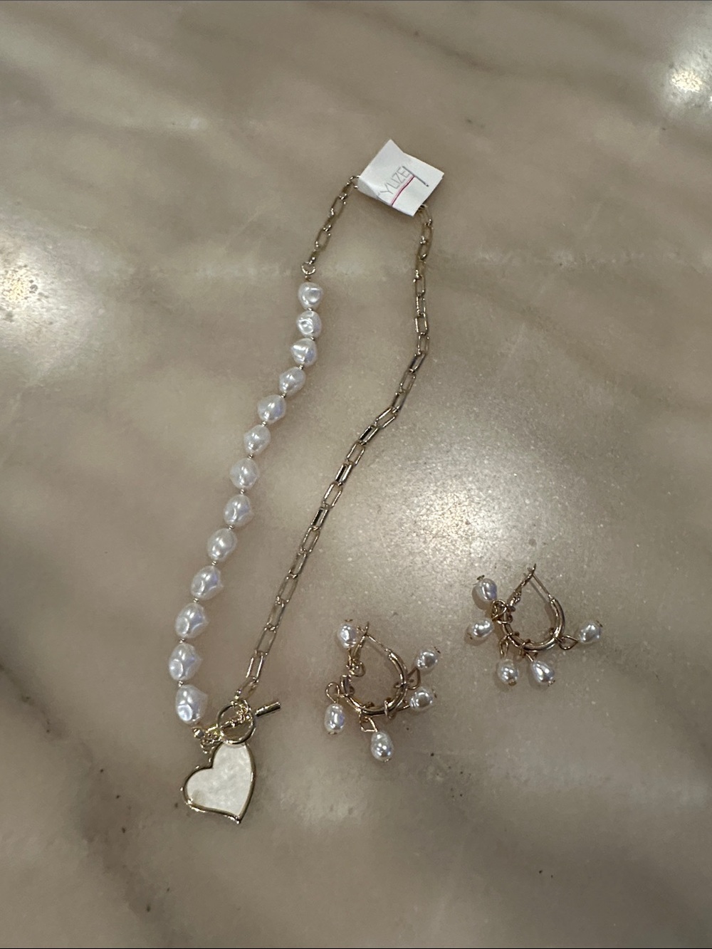 Gold Pearl Heart Pendant Necklace and Hoop Earrings Set - White Pearls